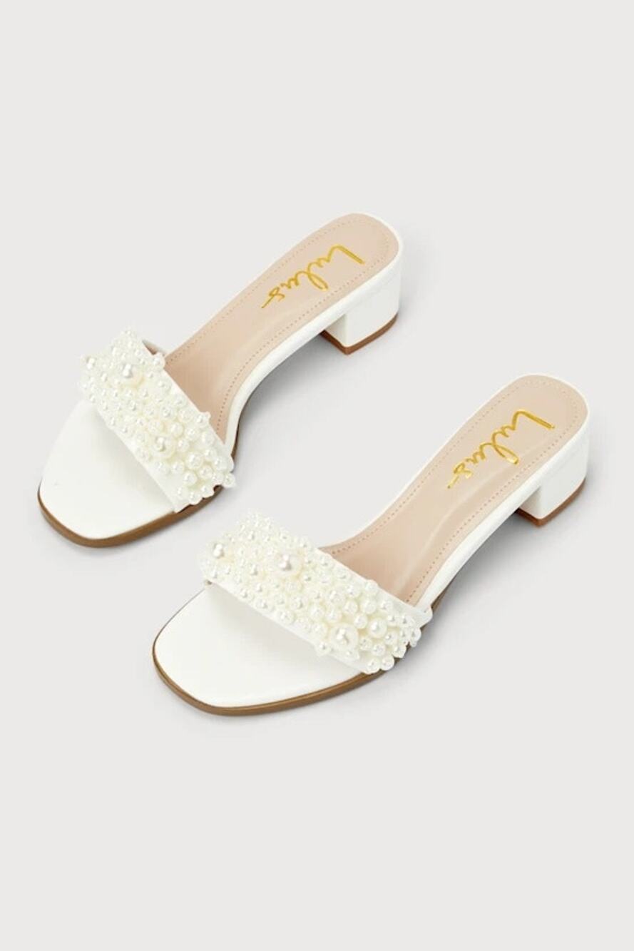 NWOT Lulus Adelaide White Pearl High Heel Slide Sandals Size 7.5